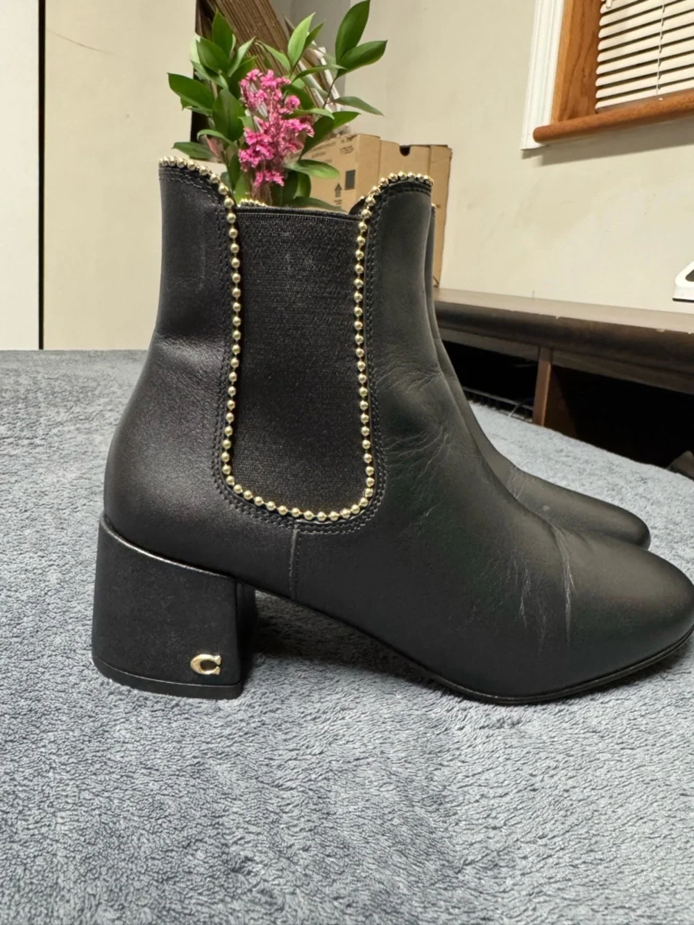 Coach Black Ankle Booties with Gold Bead Trim